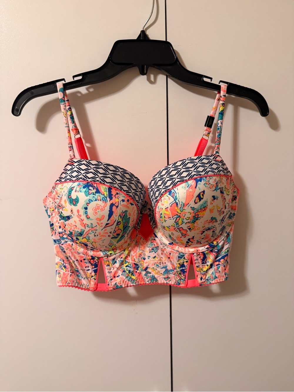 Broken Paisley Print Longline bustier top in Coral and Navy